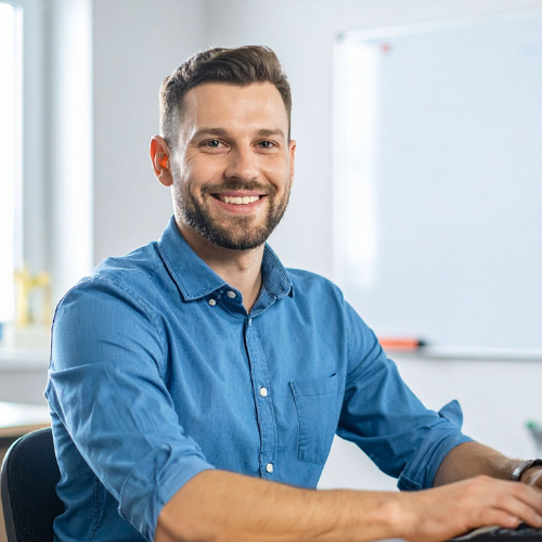 Homme souriant avec une chemise bleue